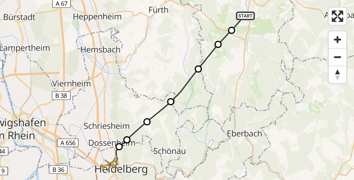 Flugroute Rettungshubschrauber Erbach - Heidelberg, 15 Juni 2026, 09:49