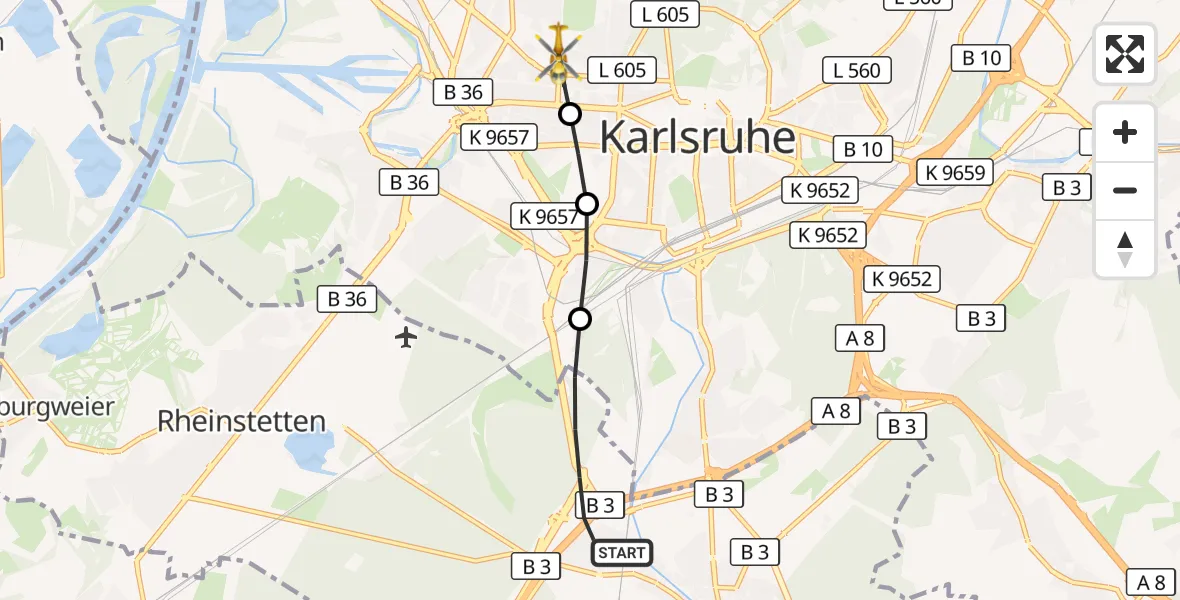 Flugroute Rettungshubschrauber Ettlingen - Karlsruhe, 15 Juni 2026, 09:51