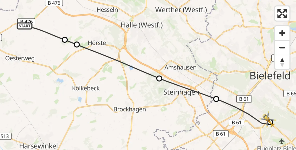 Flugroute Rettungshubschrauber Versmold - Luftrettungszentrum Bielefeld, 15 Juni 2026, 09:53