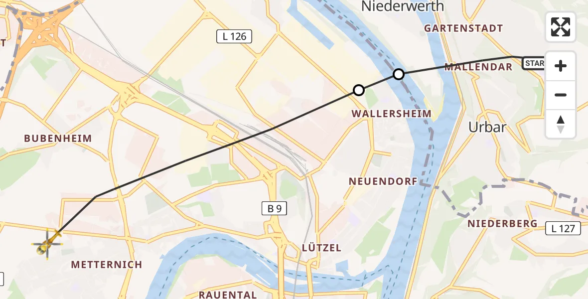 Flugroute Rettungshubschrauber Vallendar - Koblenz, 15 Juni 2026, 09:53