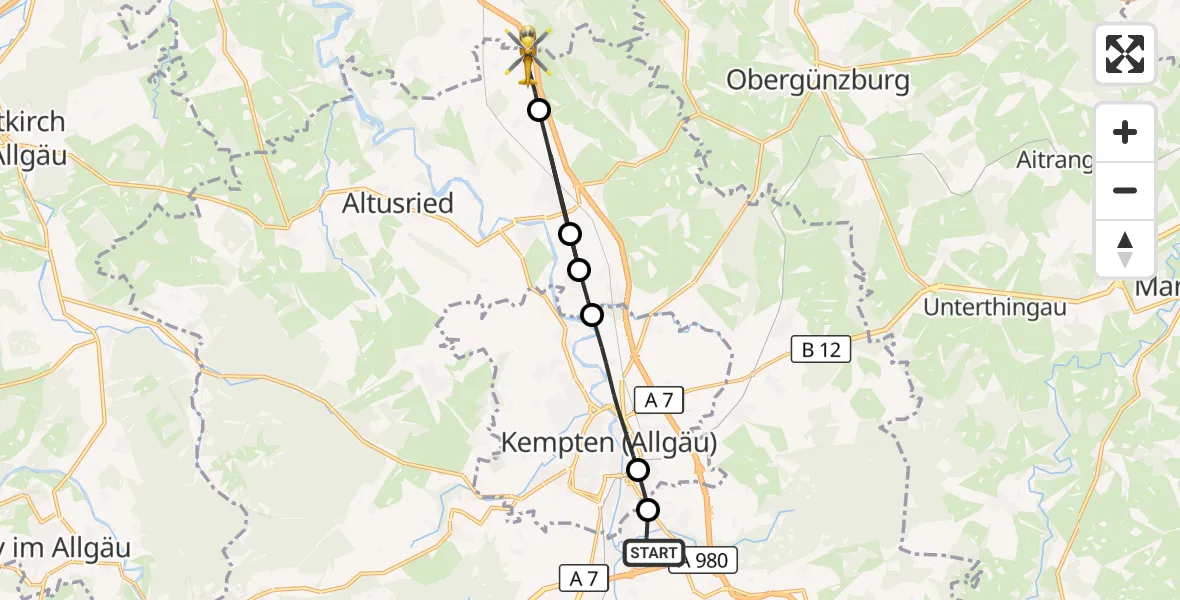 Flugroute Rettungshubschrauber Kempten-Durach Flugplatz - Dietmannsried, 15 Juni 2026, 09:54