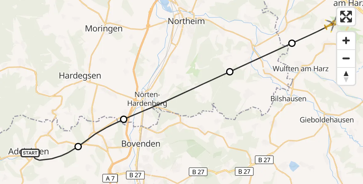 Flugroute Rettungshubschrauber Adelebsen - Osterode am Harz, 15 Juni 2026, 09:55