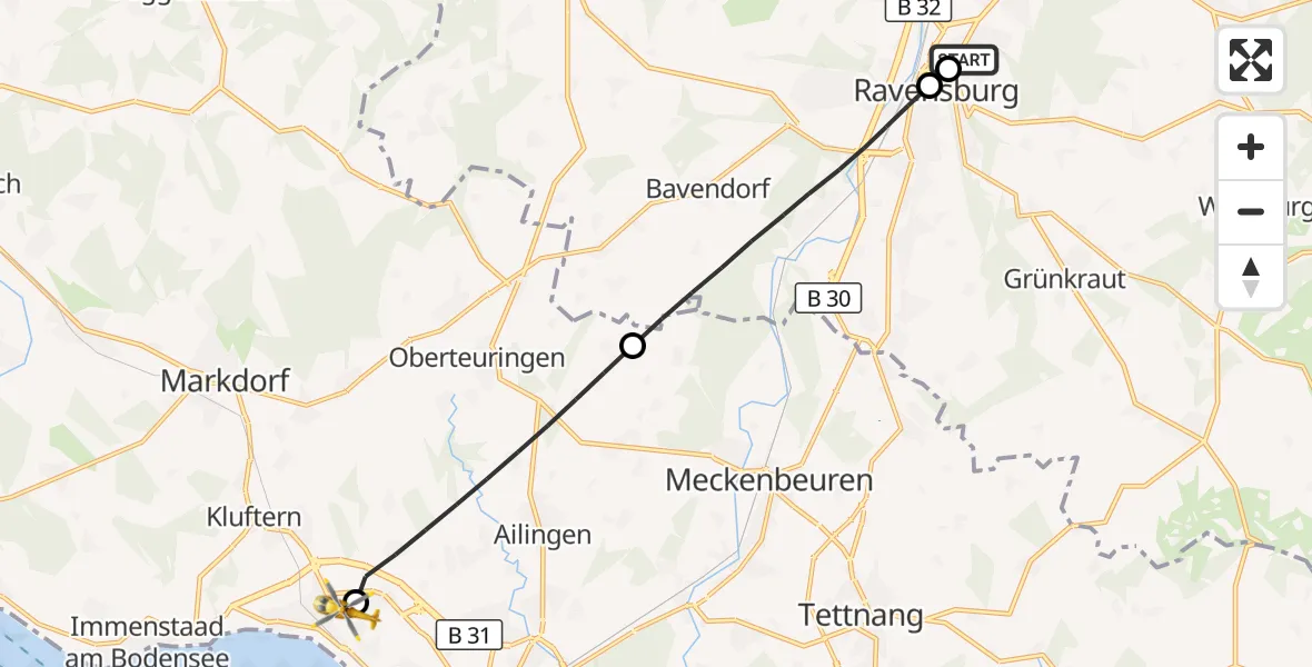 Flugroute Rettungshubschrauber Sankt Elisabeth Hospital - Friedrichshafen Hospital, 15 Juni 2026, 09:58