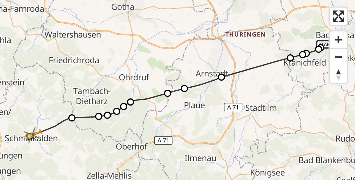 Flugroute Ambulanzhubschrauber Bad Berka - Schmalkalden, 15 Juni 2026, 10:01