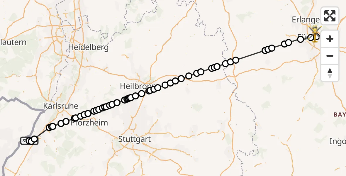 Flugroute Rettungshubschrauber Karlsruhe Baden-Baden Flughafen - Flughafen Nuremberg, 15 Juni 2026, 10:02