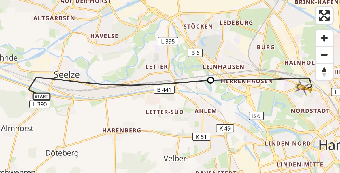 Flugroute Rettungshubschrauber Seelze - Hannover, 15 Juni 2026, 10:13