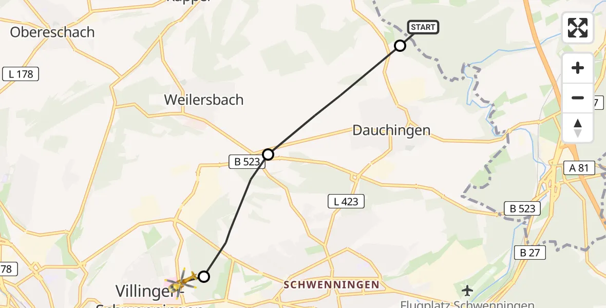 Flugroute Ambulanzhubschrauber Deißlingen - DRF Air Rescue Station Villingen-Schwenningen Hubschrauberlandeplatz (Christoph 11), 15 Juni 2026, 10:23