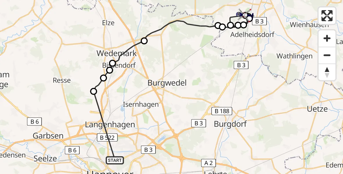 Flugroute Polizeihubschrauber Hannover - Celle Army Flugplatz, 15 Juni 2026, 10:27