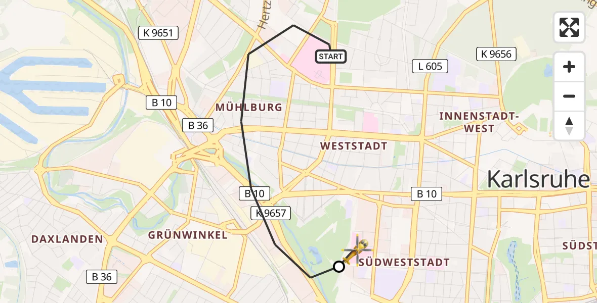 Flugroute Rettungshubschrauber Karlsruhe - Sankt Vincentius Hospital, 15 Juni 2026, 10:31
