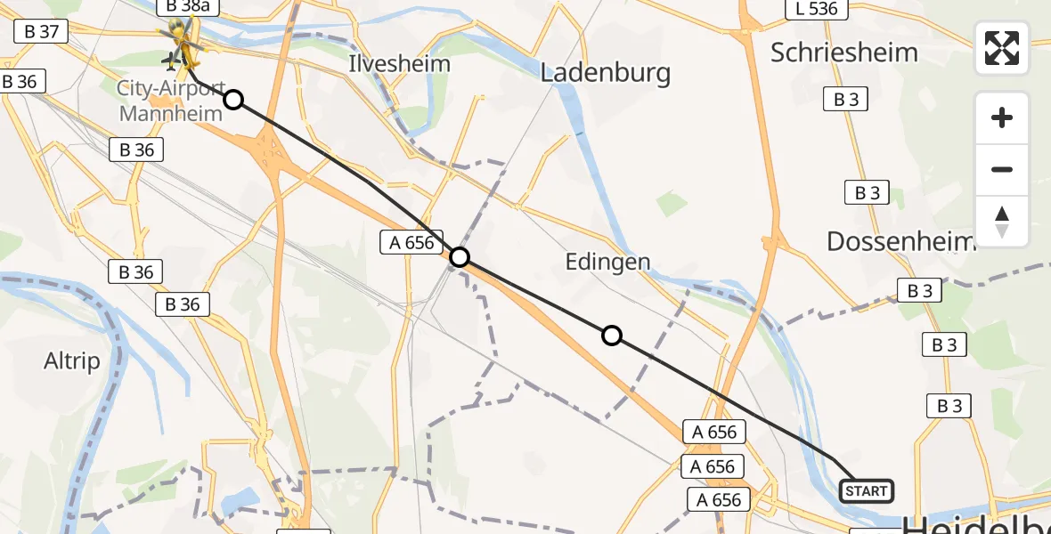 Flugroute Rettungshubschrauber Heidelberg - Mannheim-City Flughafen, 15 Juni 2026, 10:33