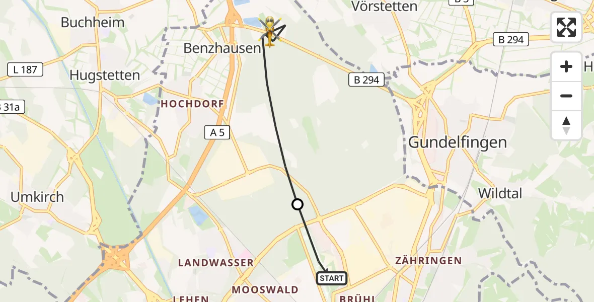 Flugroute Ambulanzhubschrauber Freiburg im Breisgau Flugplatz - Freiburg im Breisgau, 15 Juni 2026, 10:36
