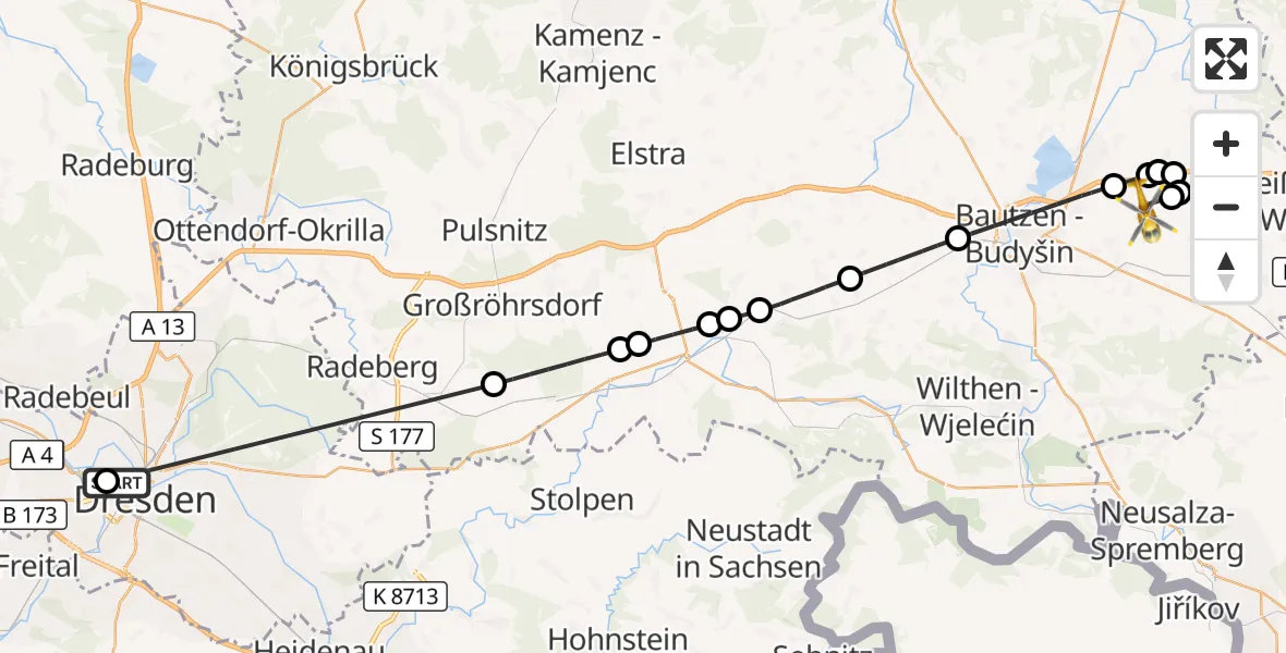 Flugroute Rettungshubschrauber Dresden Friedrichstadt Hospital - Bautzen Flugplatz, 15 Juni 2026, 10:42