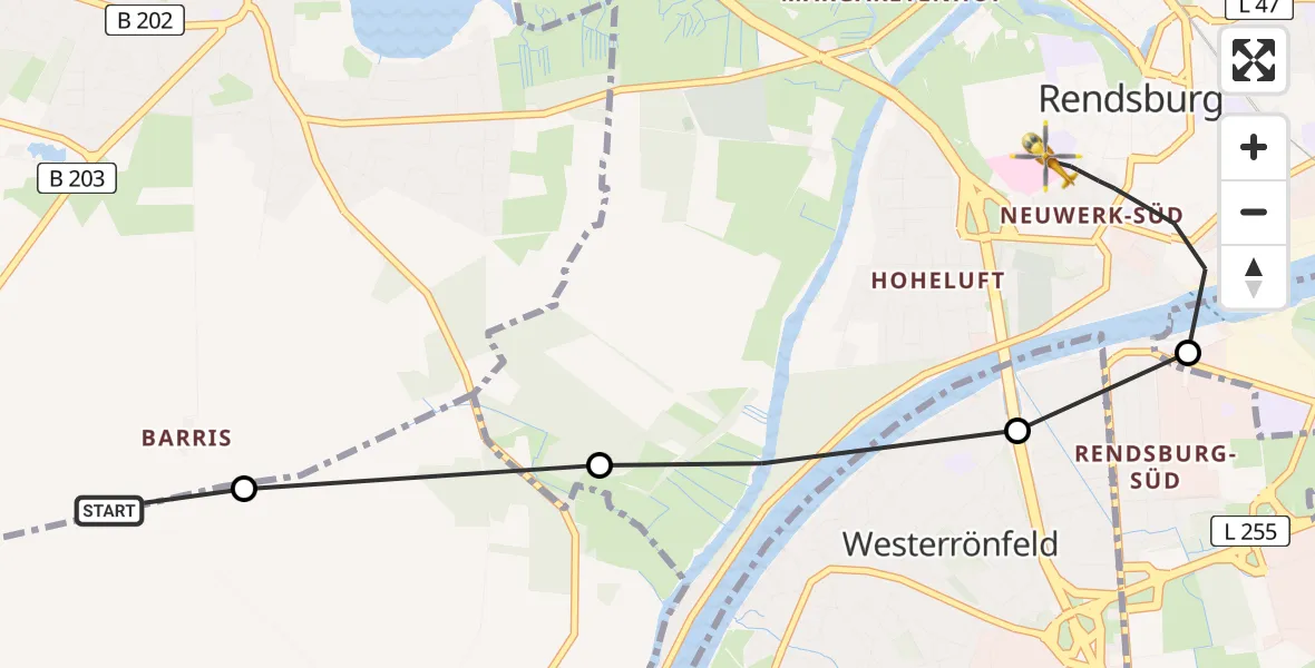 Flugroute Ambulanzhubschrauber Fockbek - Rendsburg, 15 Juni 2026, 10:52
