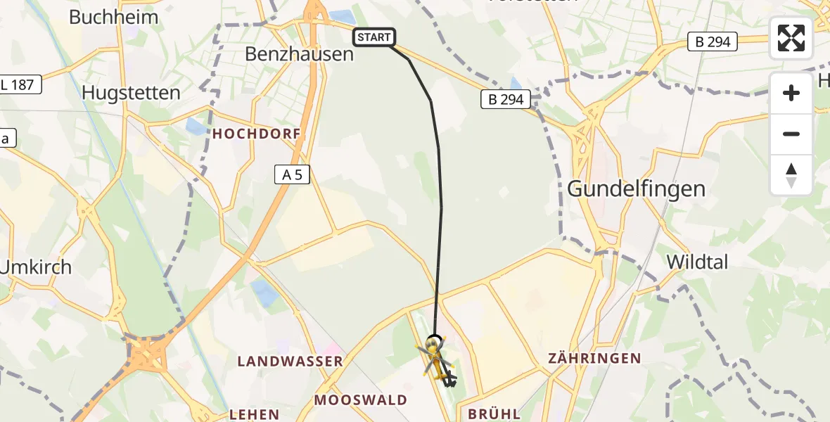 Flugroute Ambulanzhubschrauber Freiburg im Breisgau - Freiburg im Breisgau Flugplatz, 15 Juni 2026, 11:00