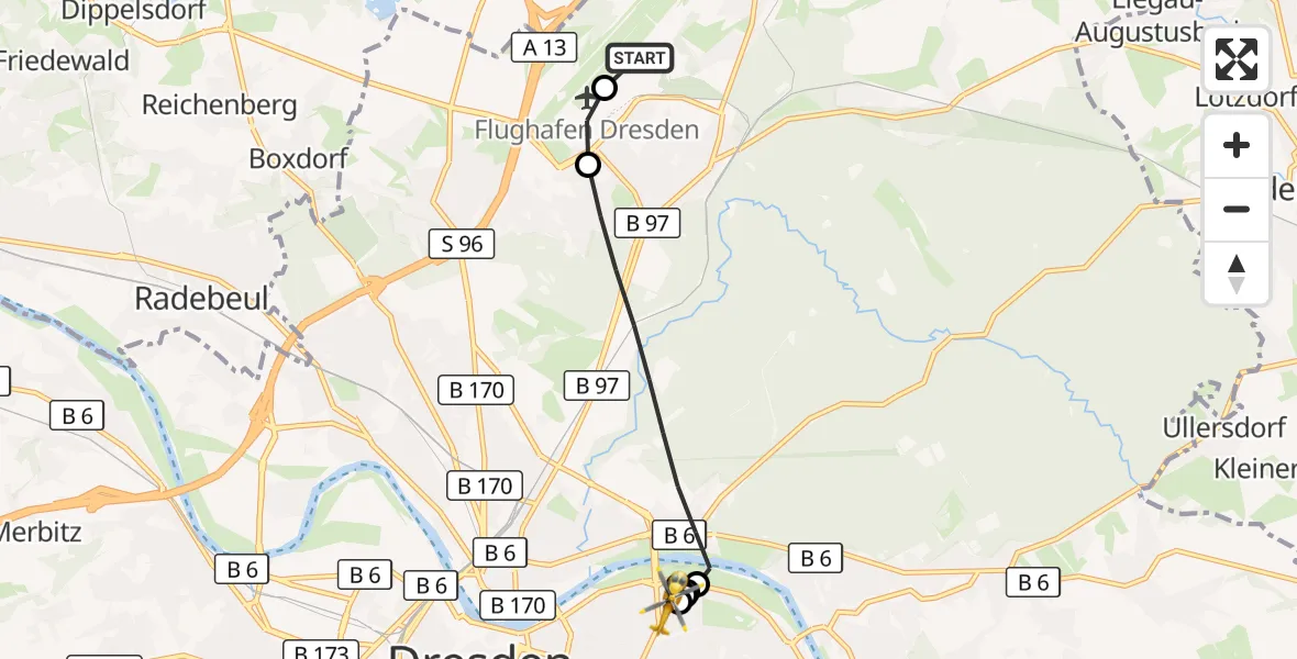 Flugroute Rettungshubschrauber Dresden Bundespolizei Hubschrauberlandeplatz - Dresden University Hospital, 15 Juni 2026, 11:01