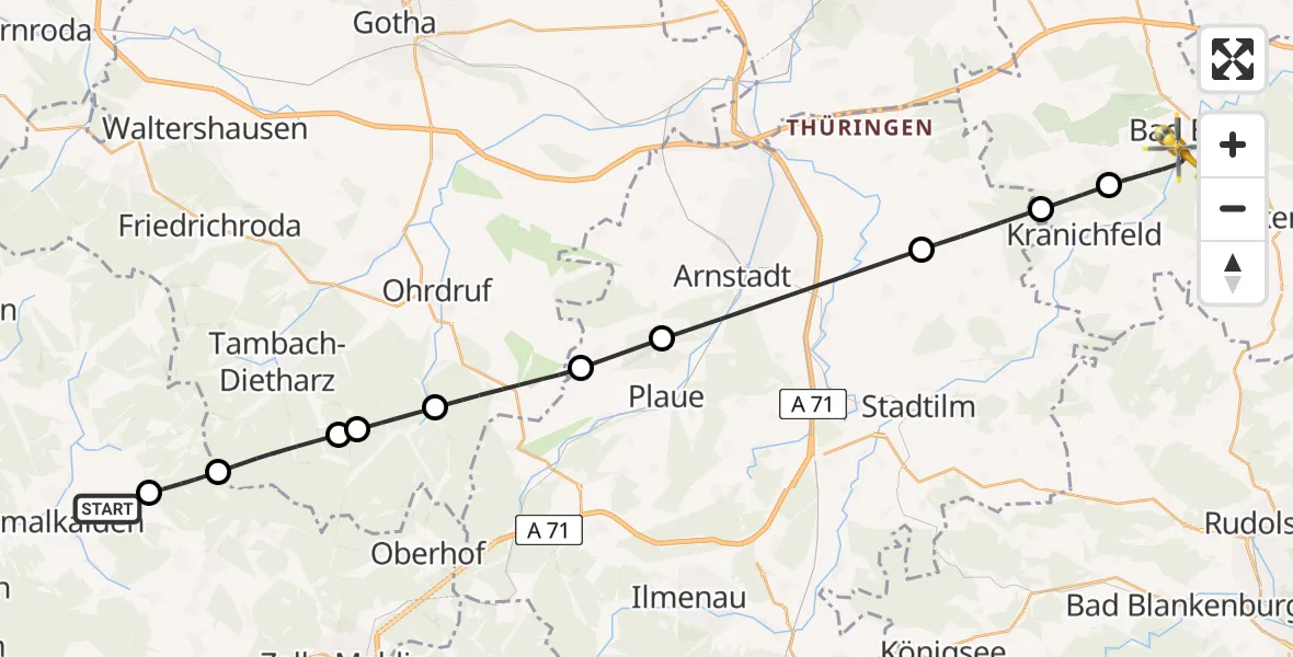 Flugroute Ambulanzhubschrauber Schmalkalden - Bad Berka Zentralklinik Hubschrauberlandeplatz, 15 Juni 2026, 11:02