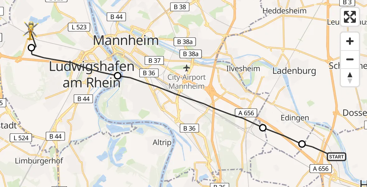 Flugroute Rettungshubschrauber Heidelberg - Ludwigshafen am Rhein, 15 Juni 2026, 11:13
