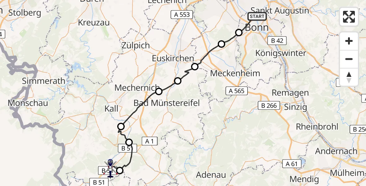 Flugroute Polizeihubschrauber Bonn - Dahlem, 15 Juni 2026, 11:36