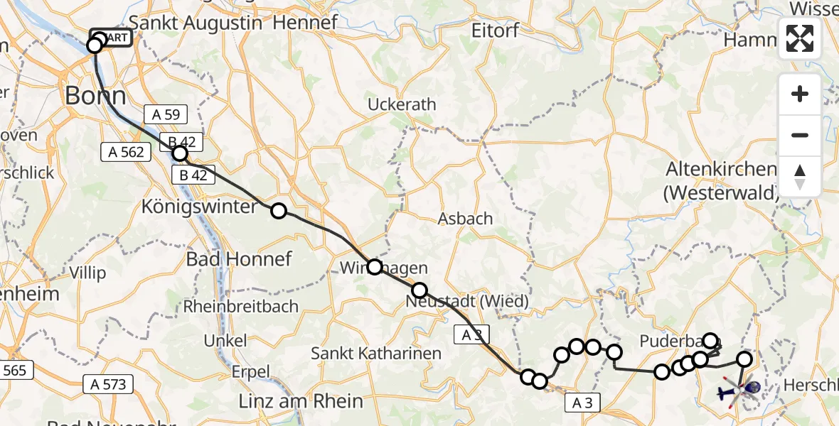 Flugroute Polizeihubschrauber Bonn - Dierdorf, 15 Juni 2026, 11:36