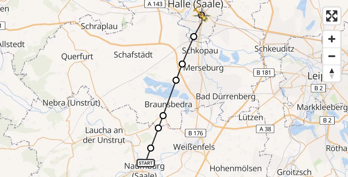 Flugroute Rettungshubschrauber Naumburg (Saale) - BG Hospital Bergmannstrost Halle, 15 Juni 2026, 11:45