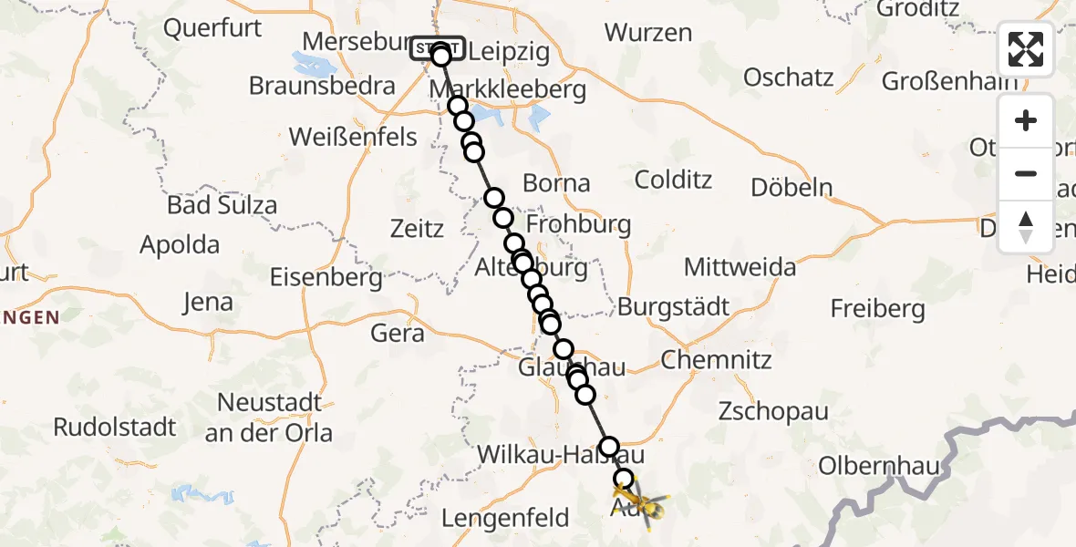 Flugroute Rettungshubschrauber ADAC Air Rescue Station Leipzig/Schkeuditz-Dölzig Hubschrauberlandeplatz (Christoph 61) - Helios Clinic Aue Hubschrauberlandeplatz, 15 Juni 2026, 11:53
