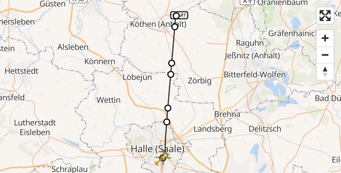 Flugroute Rettungshubschrauber Osternienburger Land - BG Hospital Bergmannstrost Halle, 15 Juni 2026, 11:53