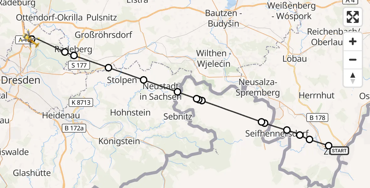 Flugroute Rettungshubschrauber Zittau - Dresden Bundespolizei Hubschrauberlandeplatz, 15 Juni 2026, 11:53