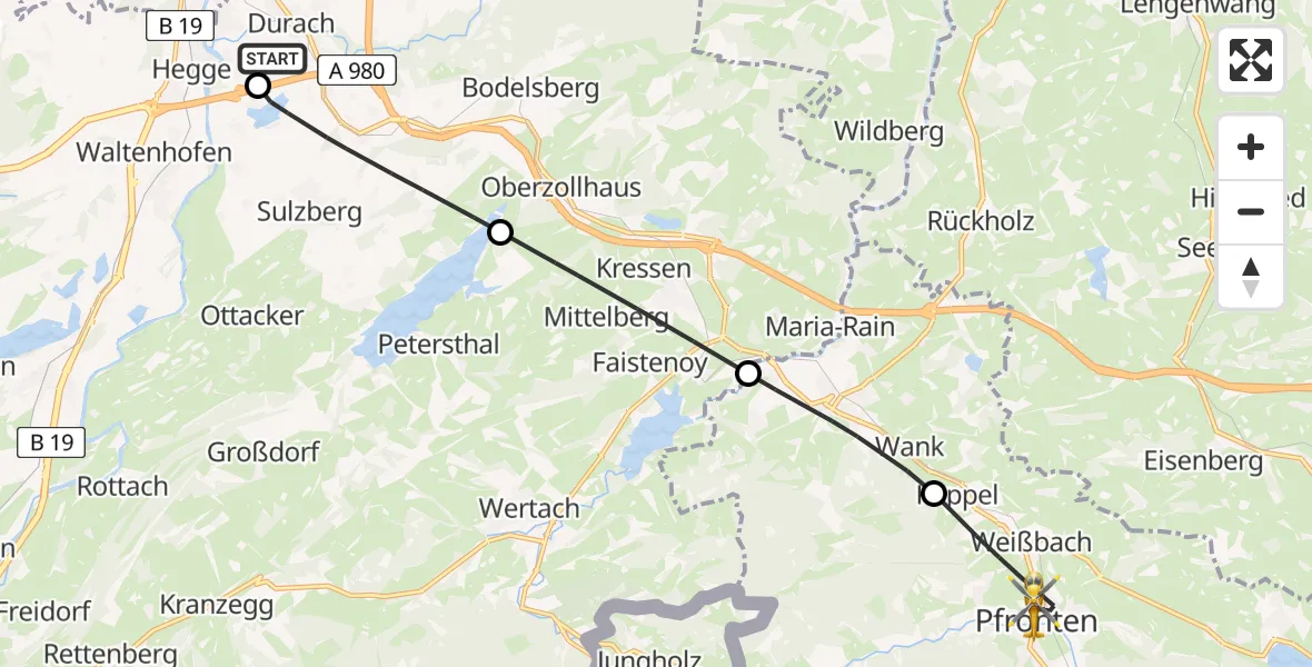 Flugroute Rettungshubschrauber Kempten-Durach Flugplatz - Pfronten, 15 Juni 2026, 11:58