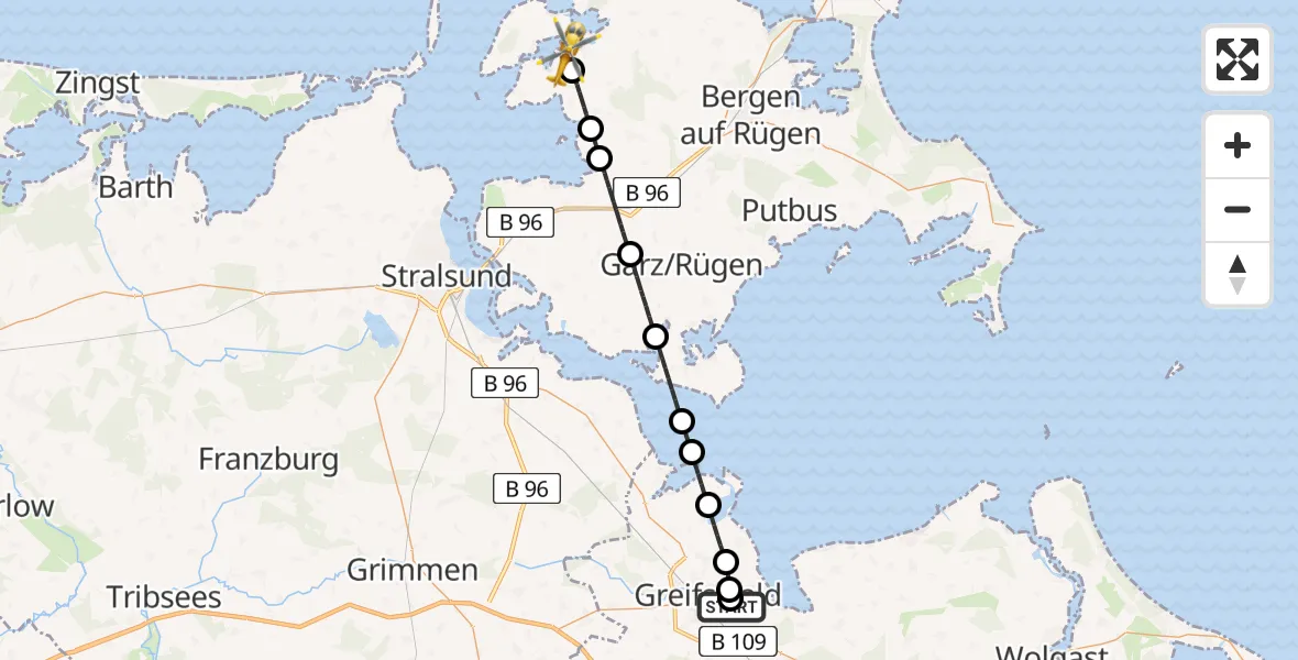 Flugroute Rettungshubschrauber Greifswald Hospital - Gingst, 15 Juni 2026, 12:03