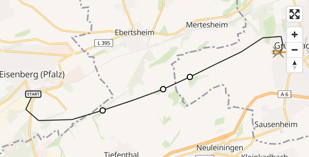 Flugroute Rettungshubschrauber Eisenberg (Pfalz) - Grünstadt, 15 Juni 2026, 12:12