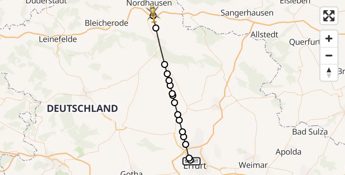 Flugroute Rettungshubschrauber Helios Clinic Erfurt - Nordhausen, 15 Juni 2026, 12:17