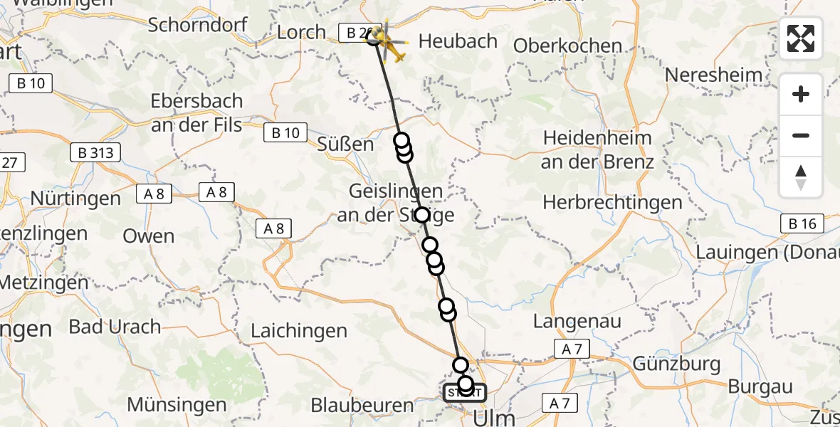 Flugroute Rettungshubschrauber Ulm Military Hospital Emergency - Schwäbisch Gmünd, 15 Juni 2026, 12:18