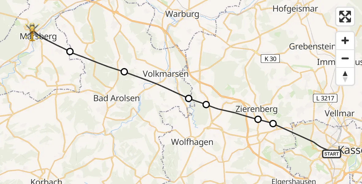 Flugroute Rettungshubschrauber Kassel - Marsberg, 15 Juni 2026, 12:25