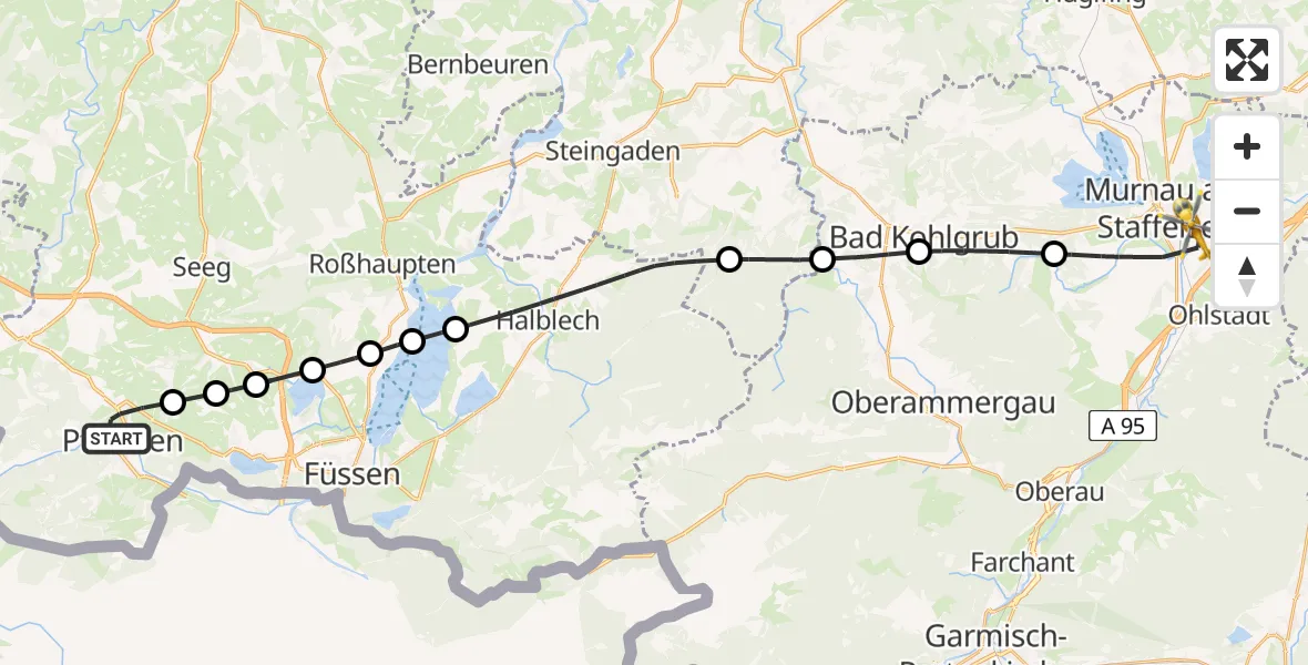 Flugroute Rettungshubschrauber Pfronten - Murnau Accident Hospital Hubschrauberlandeplatz, 15 Juni 2026, 12:31