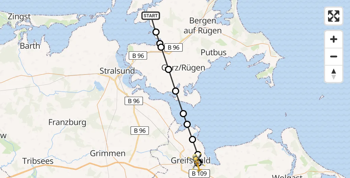 Flugroute Rettungshubschrauber Ummanz - Greifswald Hospital, 15 Juni 2026, 12:40