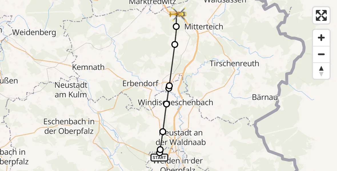 Flugroute Rettungshubschrauber Weiden i.d.OPf. - Pechbrunn, 15 Juni 2026, 12:48