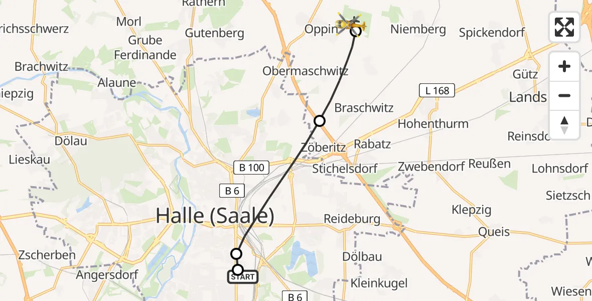 Flugroute Rettungshubschrauber BG Hospital Bergmannstrost Halle - Halle-Oppin Flugplatz, 15 Juni 2026, 12:49
