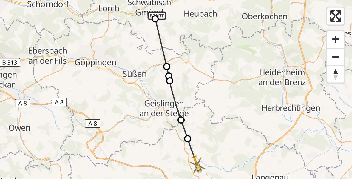 Flugroute Rettungshubschrauber Schwäbisch Gmünd - Lonsee, 15 Juni 2026, 12:53
