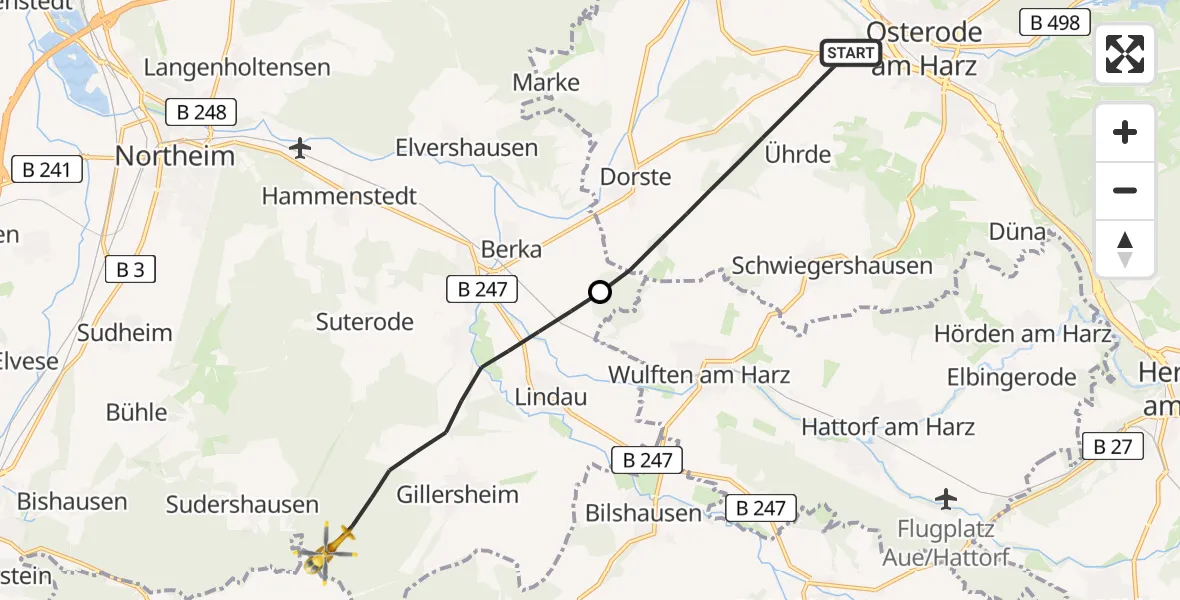 Flugroute Rettungshubschrauber Osterode am Harz - Katlenburg-Lindau, 15 Juni 2026, 12:56