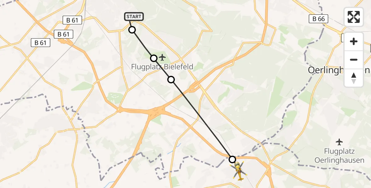 Flugroute Rettungshubschrauber Luftrettungszentrum Bielefeld - Schloß Holte-Stukenbrock, 15 Juni 2026, 12:57