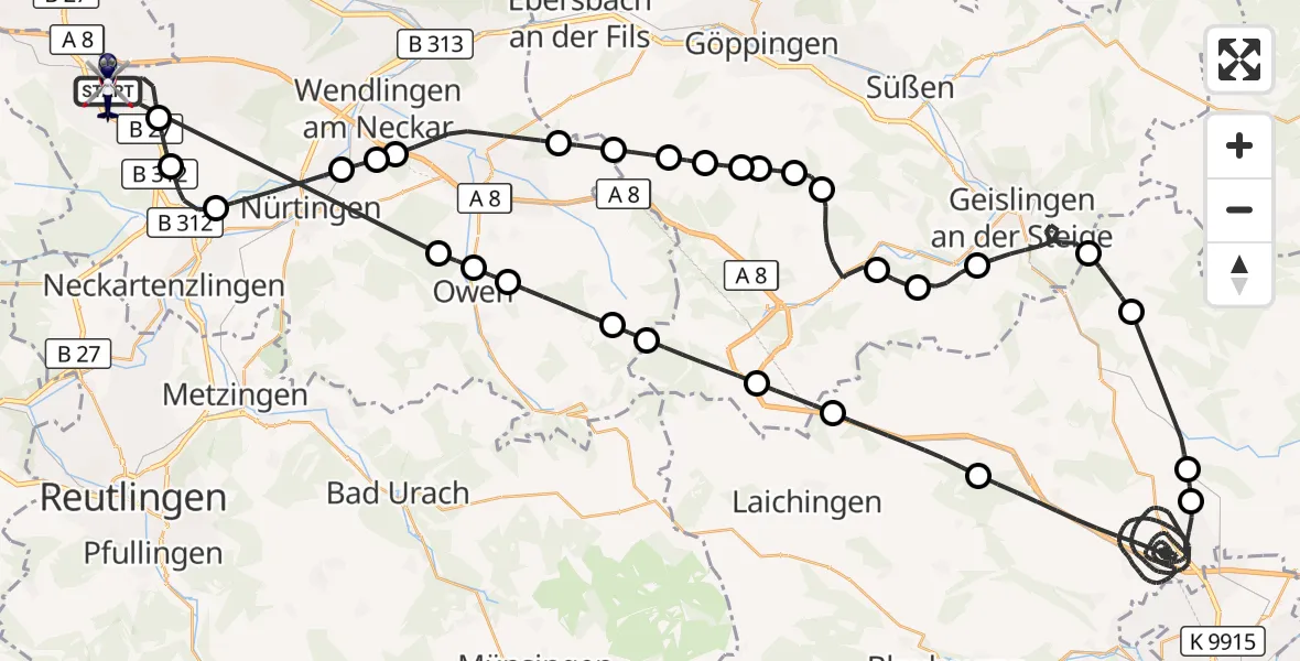 Flugroute Polizeihubschrauber Flughafen Stuttgart - Flughafen Stuttgart, 15 Juni 2026, 12:59