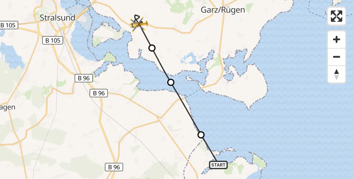 Flugroute Rettungshubschrauber Mesekenhagen - Gustow, 15 Juni 2026, 13:12