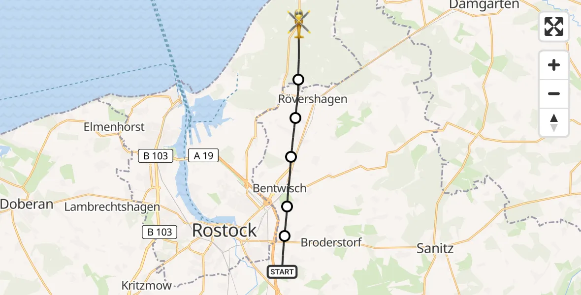 Flugroute Ambulanzhubschrauber Roggentin - Rostock, 15 Juni 2026, 13:12