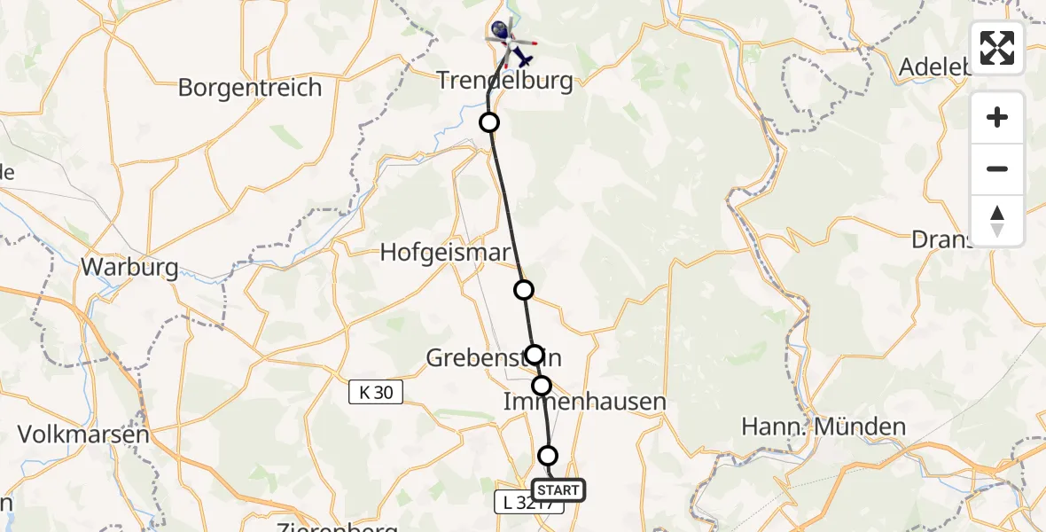 Flugroute Polizeihubschrauber Espenau - Trendelburg, 15 Juni 2026, 13:12