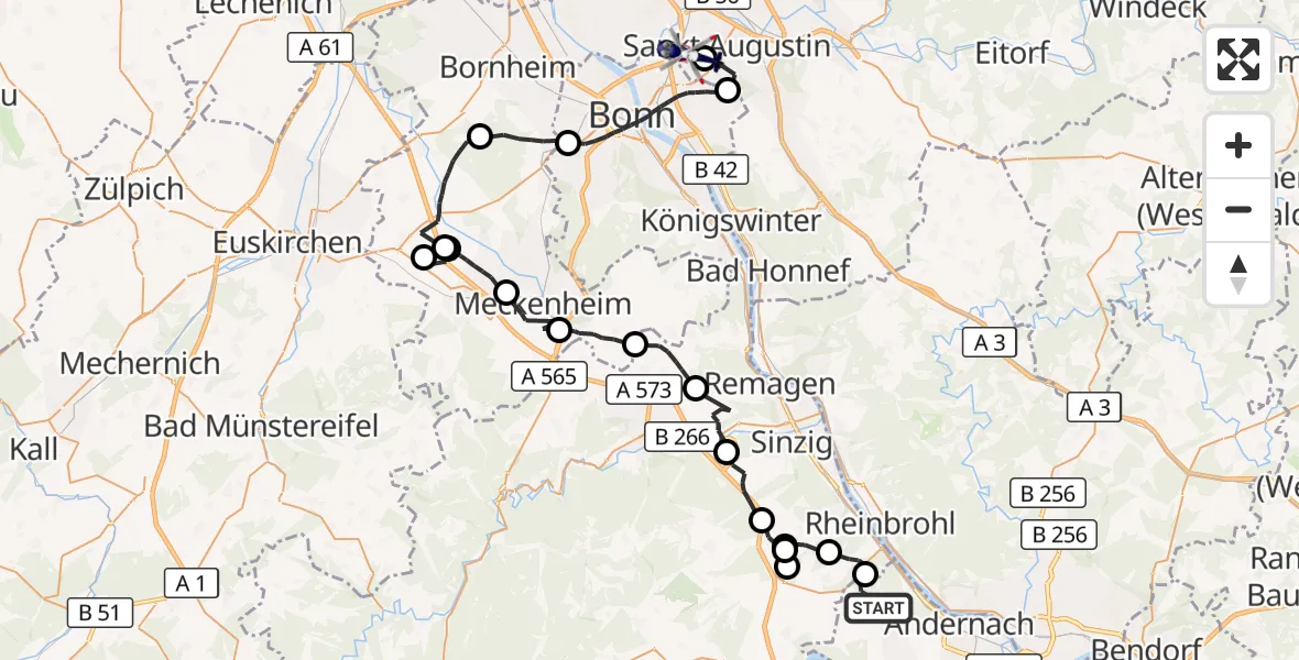 Flugroute Polizeihubschrauber Andernach - Bonn-Hangelar Flugplatz, 15 Juni 2026, 13:12