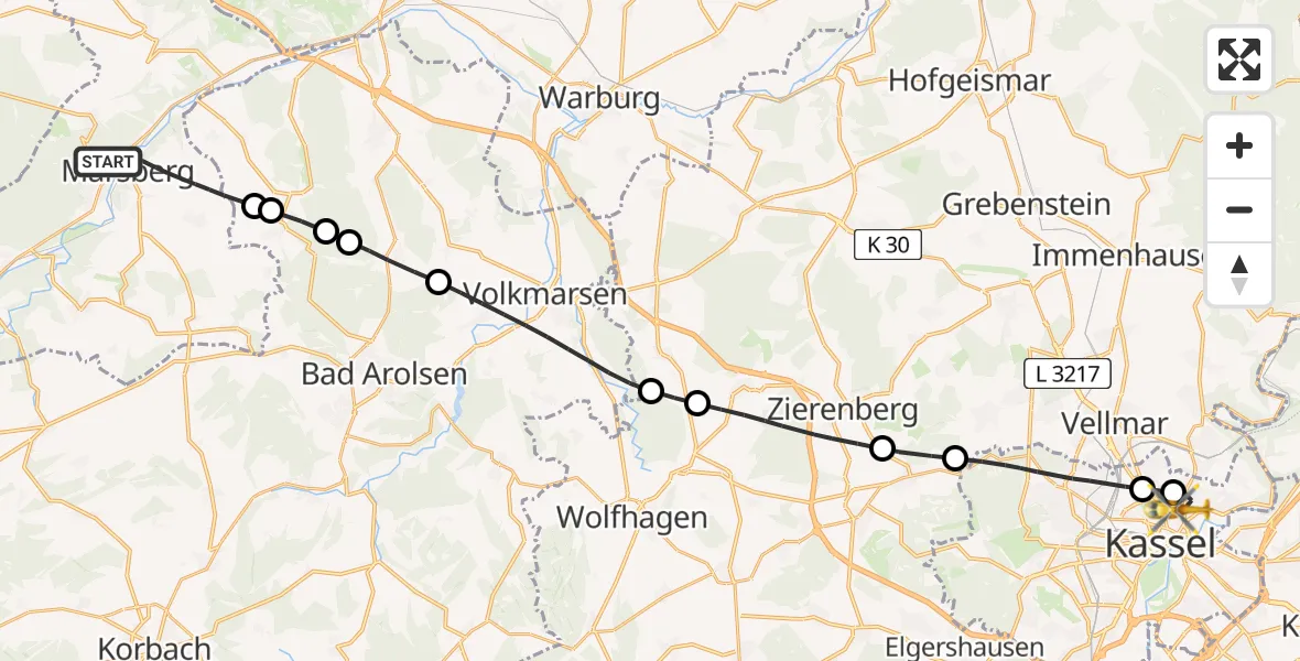 Flugroute Rettungshubschrauber Marsberg - Kassel, 15 Juni 2026, 13:14