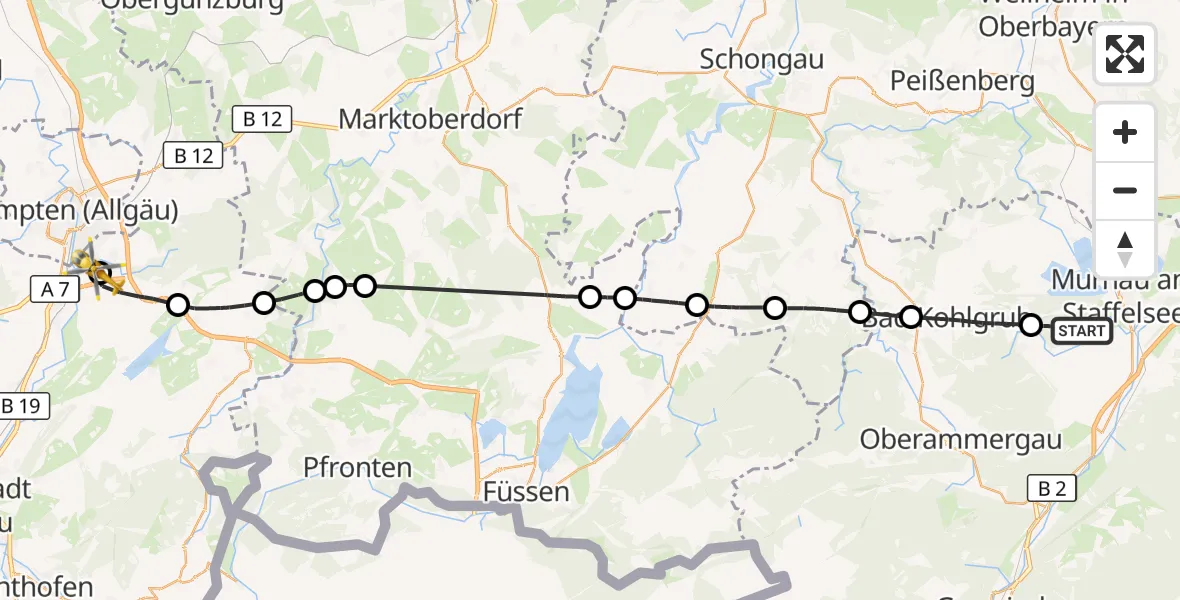 Flugroute Rettungshubschrauber Murnau a.Staffelsee - Kempten-Durach Flugplatz, 15 Juni 2026, 13:15
