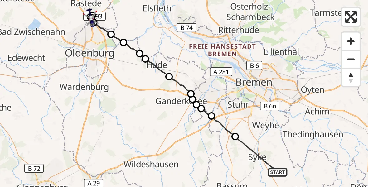 Flugroute Polizeihubschrauber Syke - Oldenburg Police Hubschrauberlandeplatz, 15 Juni 2026, 13:15
