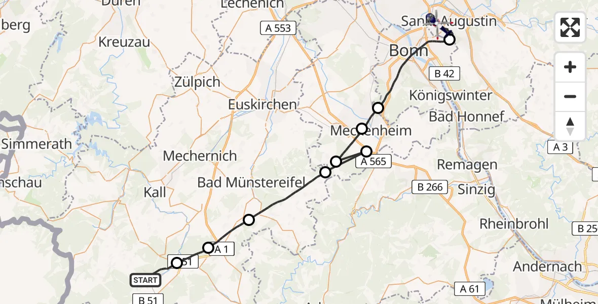 Flugroute Polizeihubschrauber Dahlem - Bonn-Hangelar Flugplatz, 15 Juni 2026, 13:20