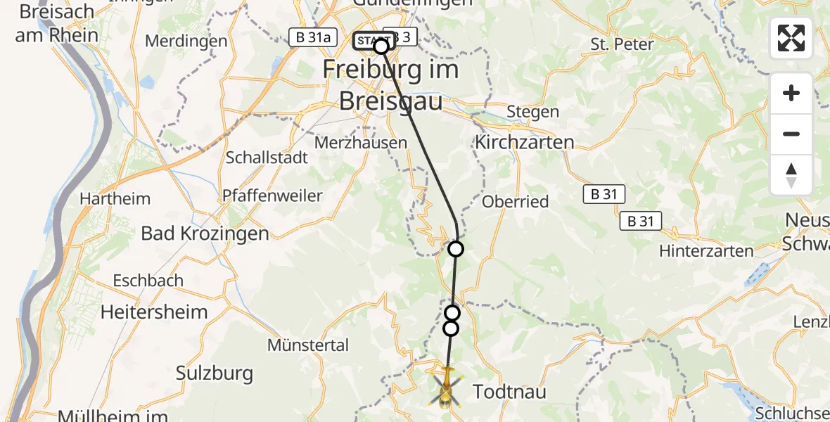 Flugroute Ambulanzhubschrauber Freiburg im Breisgau Flugplatz - Wieden, 15 Juni 2026, 13:21